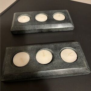 Set of Two Soap Stone Tea Light Candle Holders in a Dark Grey/Green Colour